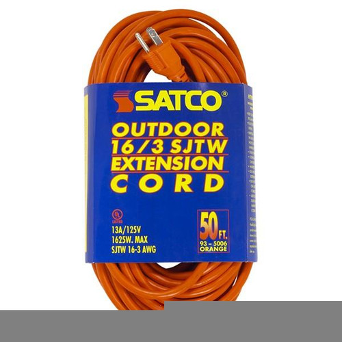 Satco 93-5006 50 Foot Orange Heavy Duty Outdoor Extension Cord; 16/3 Ga. SJTW-3 Orange Cord With Sleeve; 13A-125V; 1625W