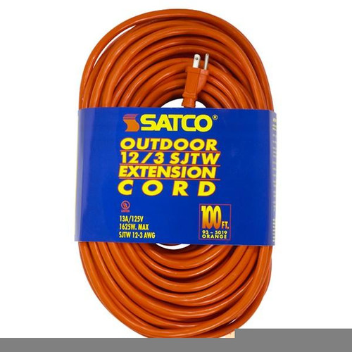 Satco 93-5019 100 Foot Orange Heavy Duty Outdoor Extension Cord; 12/3 Ga. SJTW-3 Orange Cord With Sleeve; 13A-125V; 1625W
