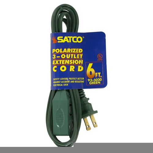 Satco 93-5020 6 Foot Extension Cord; Green Finish; 16/2 SPT-2; Indoor Only; 13A-125V-1625W Rating