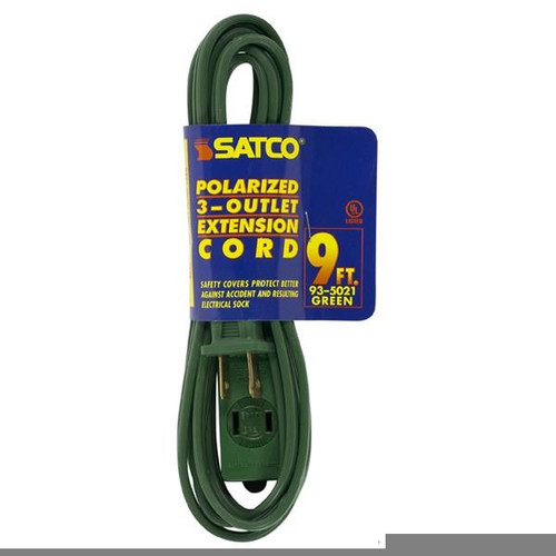 Satco 93-5021 9 Foot Extension Cord; Green Finish; 16/2 SPT-2; Indoor Only; 13A-125V-1625W Rating