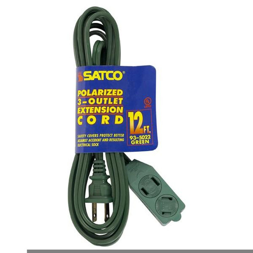 Satco 93-5022 12 Foot Extension Cord; Green Finish; 16/2 SPT-2; Indoor Only; 13A-125V-1625W Rating