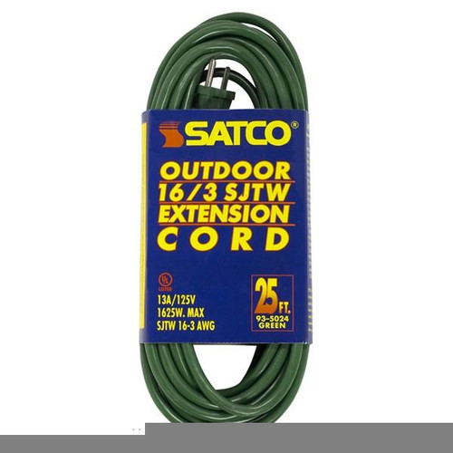 Satco 93-5024 25 Foot Green Heavy Duty Outdoor Extension Cord; 16/3 Ga. SJTW-3 Green Cord With Sleeve; 13A-125V; 1625W