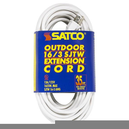 Satco 93-5027 35 Foot White Heavy Duty Outdoor Extension Cord; 16/3 Ga. SJTW-3 White Cord With Sleeve; 13A-125V; 1625W