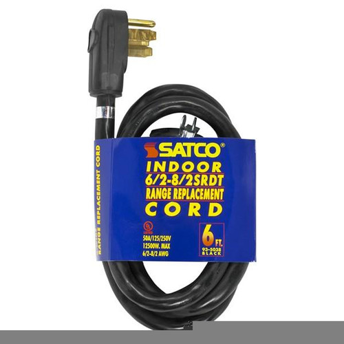Satco 93-5038 6 Foot, 4 Wire Heavy Duty Replacement Range Cord; 6-2 - 8-2 SRDT Black Round; Indoor Use Only; 50A/125V-250V; 12500W