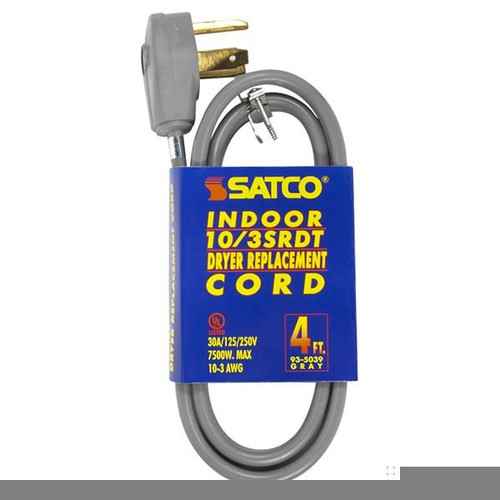 Satco 93-5039 4 Foot, 3 Wire Heavy Duty Replacement Dryer Cord; 10-3 SRDT Gray Flat; Indoor Use Only; 30A/125V-250V; 7500W