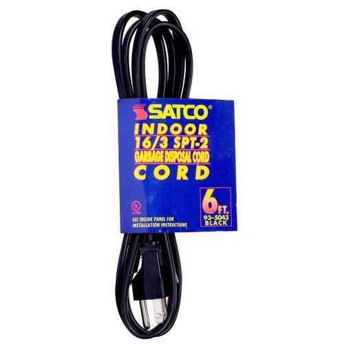 Satco 93-5043 6 Foot, 3 Wire Heavy Duty Replacement Garbage Disposal Cord; 16-3 SPT-2 Black; Indoor Use Only; 13A/125V; 1625W