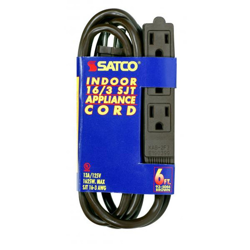 Satco 93-5044 6 Foot Extension Cord; Brown Finish; 16/3 SJT; Indoor Only; 13A-125V-1625W Rating