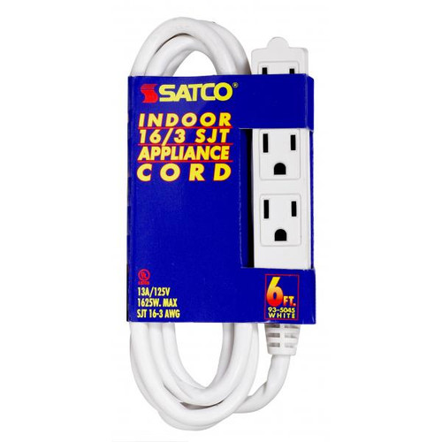 Satco 93-5045 6 Foot Extension Cord; White Finish; 16/3 SJT; Indoor Only; 13A-125V-1625W Rating
