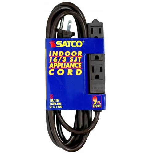 Satco 93-5046 9 Foot Extension Cord; Brown Finish; 16/3 SJT; Indoor Only; 13A-125V-1625W Rating