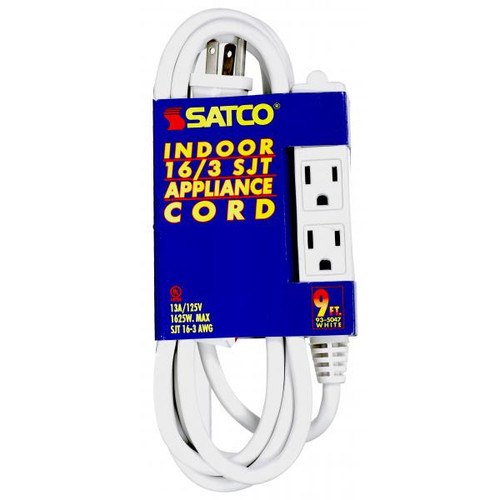Satco 93-5047 9 Foot Extension Cord; White Finish; 16/3 SJT; Indoor Only; 13A-125V-1625W Rating