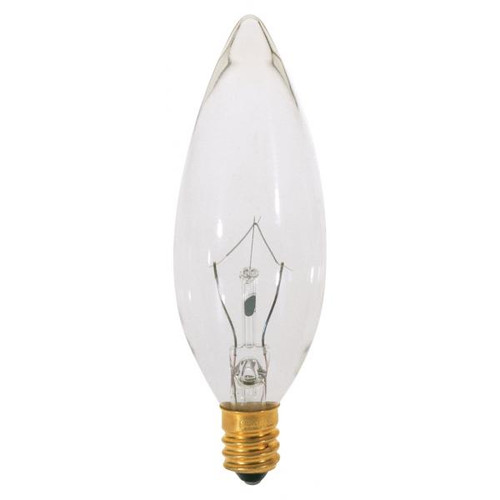Satco S3230-TF 15 Watt BA9 1/2 Incandescent; Clear; 1500 Average rated hours; 105 Lumens; Candelabra base; 120 Volt; Shatter Proof