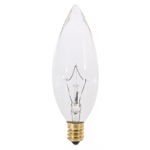 Satco S3283-TF 40 Watt BA9 1/2 Incandescent; Clear; 1500 Average rated hours; 384 Lumens; Candelabra base; 120 Volt; Shatter Proof