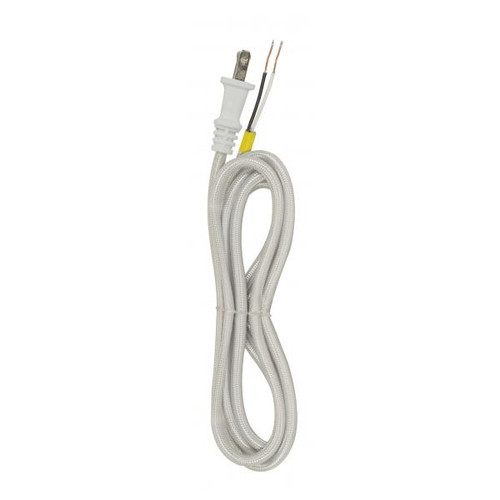 Satco 80-2463 8 Foot Rayon Cord Set; Silver Finish; 18/2 SPT-2 105C With Molded Polarized Plug; 200 Carton; Tinned Tips Strip With 2" Slit