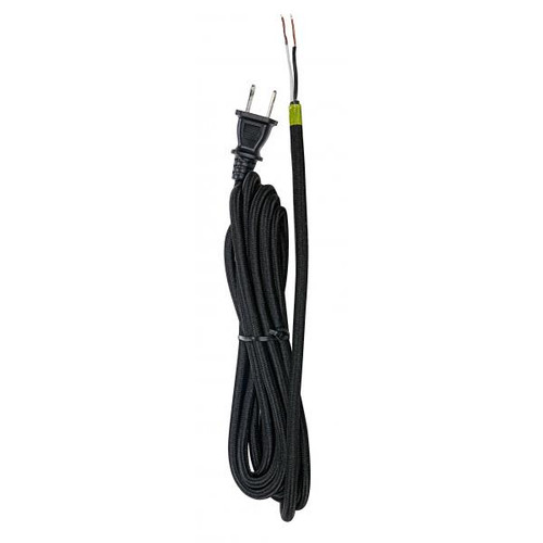 Satco 80-2466 12 Foot Rayon Cord Set; Black Finish; 18/2 SPT-2 105C With Molded Polarized Plug; 50 Carton; Tinned Tips Strip With 2" Slit