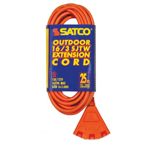 Satco 93-5053 25 Foot; 3 Wire; 3 Fan Outlet Extension Cord; 16-3 SJT Orange; 13A-125V; 1625W