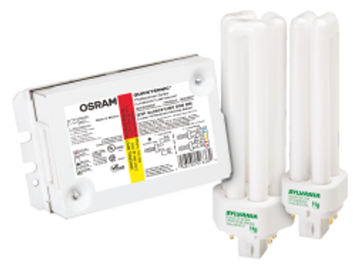 Sylvania QTP2X26CFUNVDIM CS/20 1/SKU 2 lamp T4 compact fluorescent 0-10V dimming ballast, powers one or two 26W, 18W or 13W CFL lamps or one 32W or one 42W CFL lamps. Universal Voltage, Programmed Rapid Start, Electronic Dimming ballast 51836