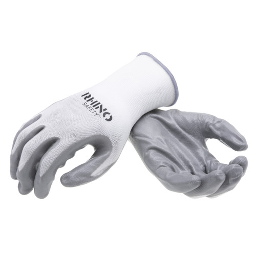 NSI Industries GLV-100L White Nylon Safety Gloves, Palm-Dipped Nitrile Coating, Large