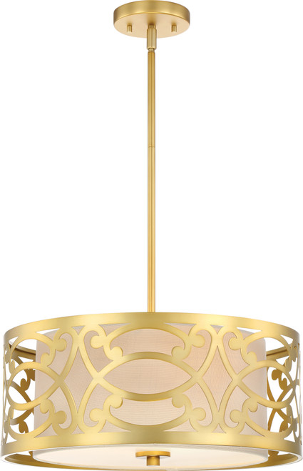 Nuvo 60-5964 3 LIGHT - 18" PENDANT Filigree 3 Light Pendant Natural Brass Finish Beige Linen Fabric Shade (Discontinued)