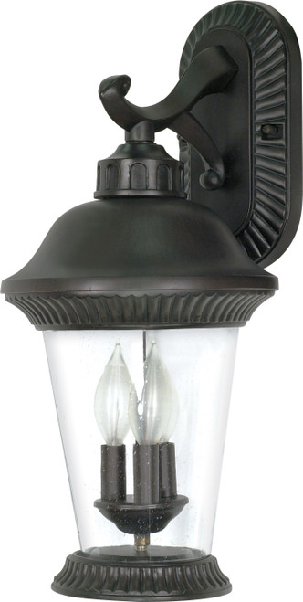 Nuvo 60-966 CLARION 3 LT ARM DOWN OUTDOOR Clarion 3 Light 20 in. Wall Lantern Arm Down with Clear Seed Glass (Discontinued)