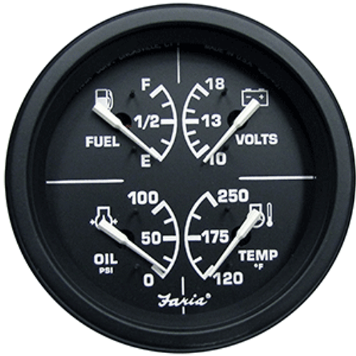 Faria Heavy-Duty 4" Multifunction [Fuel Level | Oil PSI (100 PSI) | Water Temp (120&deg;-250&deg; F) | Voltmeter (10-16 VDC)] - Black