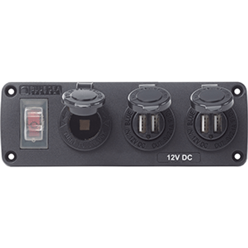 Blue Sea 4365 Water Resistant USB Accessory Panel - 15A Circuit Breaker, 12V Socket, 2x 2.1A Dual USB Chargers