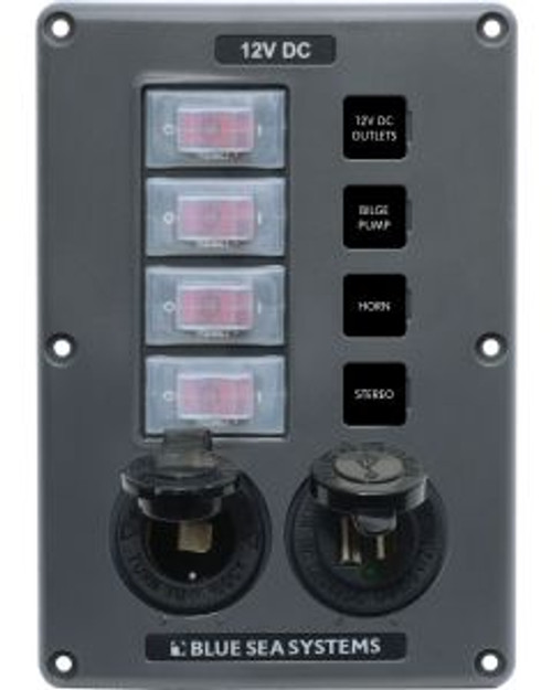 Blue Sea Water-Resistant 12V 4 Circuit Breaker Switch Panel with 12v Socket and Dual USB BSS4321