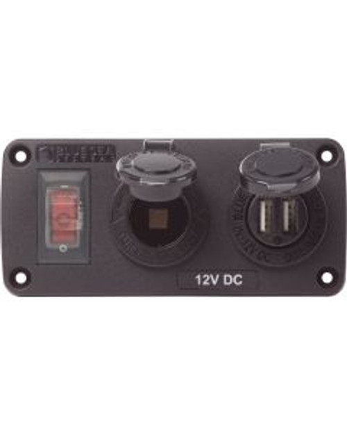 Blue Sea Water-Resistant 12V 15A Circuit Accessory Panel with 12v Socket and Dual USB BSS4363