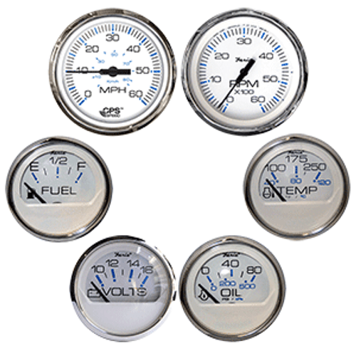 Faria Chesapeake White w/Stainless Steel Bezel Boxed Set of 6 - Speed, Tach, Fuel Level, Voltmeter, Water Temperature & Oil PSI - Inboard Motors