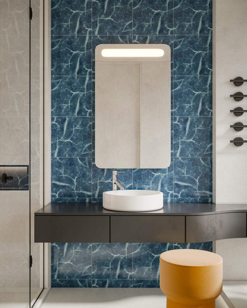 Majestic Mirror & Frame Panorama Curve Polished edge mirror with rounded corners, mirror border and a frosted horizontal LED light on the top. LED Mirror 24 x 40