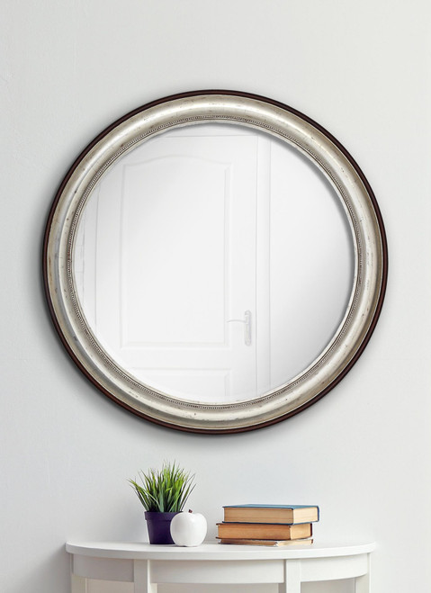 Majestic Mirror & Frame 3219-P Cherry Wood with Antique Silver Leaf Decorative Framed Mirror 52" Diameter