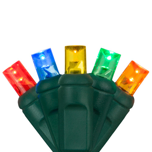 WGC-20358 - 5mm Multicolor LED Christmas Lights, 70 Lights, 24', Green Wire, 4" Spacing, Red/Blue/Amber/Green/Gold - Wintergreen Corporation
