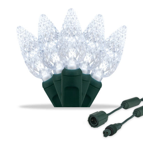 WGC-21993 - C6 Cool White LED Commercial Lights, 25 Lights, 9', Green Wire, 4" Spacing - Wintergreen Corporation