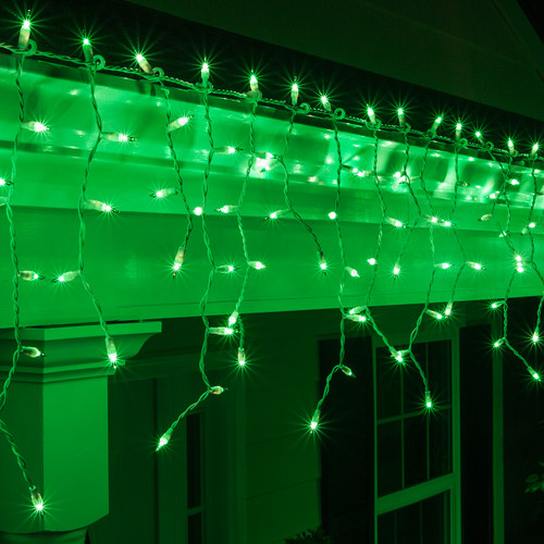 WGC-15241 - Mini Green Incandescent Icicle Lights, 150 Lights, 9', White Wire, 3" Spacing - Wintergreen Corporation