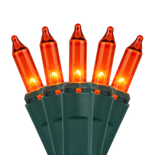 WGC-15190 - Mini Amber Incandescent Standard Orange Lights, 50 Lights, 25.5', Green Wire, 6" Spacing - Wintergreen Corporation