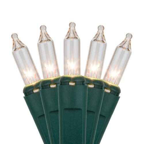 WGC-15199 - Mini Clear Incandescent Standard Lights, 100 Lights, 33.7', Green Wire, 4" Spacing - Wintergreen Corporation