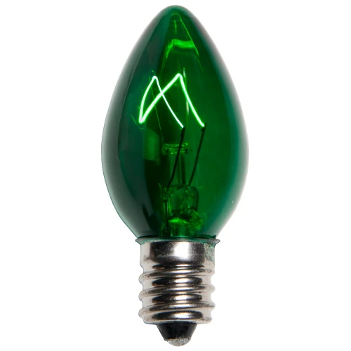 WGC-15124 - C7 Green Incandescent Triple Dipped Transparent, 5 Watt Light Bulbs, 25-Pack - Wintergreen Corporation