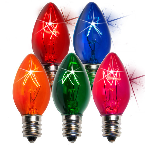 WGC-15132 - C7 Multicolor Incandescent Twinkle Triple Dipped Transparent, 7 Watt Light Bulbs, 25-Pack - Wintergreen Corporation