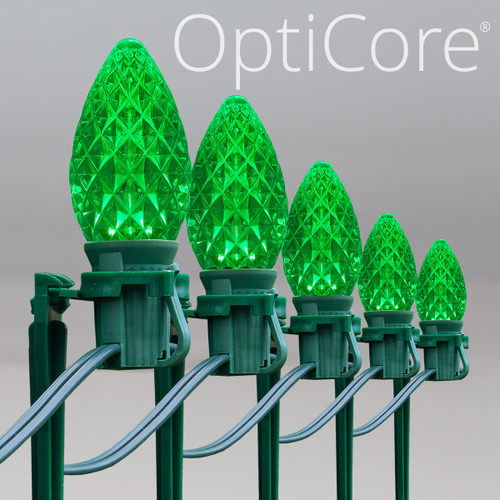WGC-81186 - C7 Green LED OptiCore Commercial Christmas Pathway Lights, 7.5" Stakes, 100 Lights, 100', Green Wire, 12" Spacing - Wintergreen Corporation
