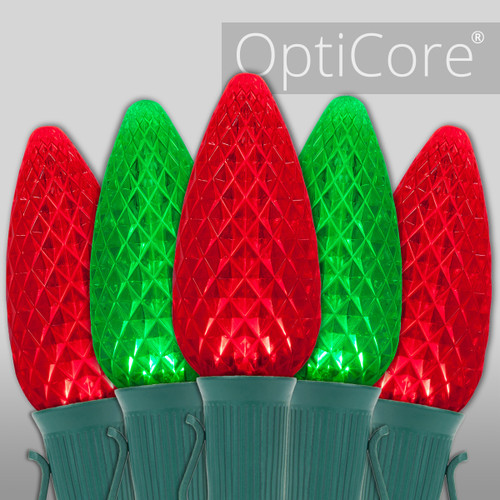 WGC-80150 - C9 Green/Red LED OptiCore Commercial Christmas Lights, 50 Lights, 50', Green Wire, 12" Spacing - Wintergreen Corporation