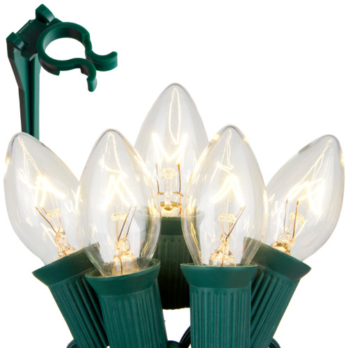 WGC-79848 - C7 Clear Incandescent Commercial Christmas Pathway Lights, 7.5" Stakes, 100 Lights, 100', Green Wire, 12" Spacing - Wintergreen Corporation