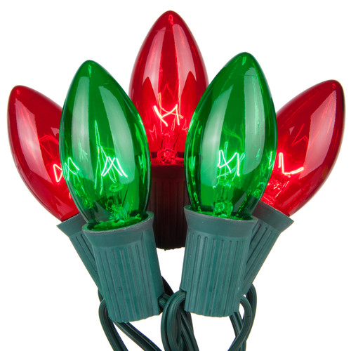 WGC-71858 - C9 Green/Red Incandescent Commercial Christmas Lights, 50 Lights, 50', Green Wire, 12" Spacing - Wintergreen Corporation