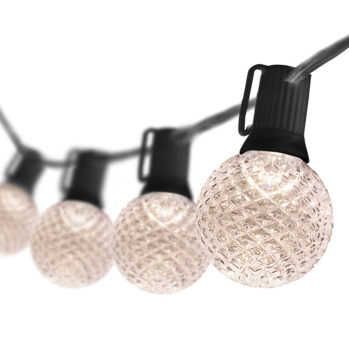 WGC-79378 - 100' Warm White LED OptiCore Commercial Patio String Light Set with 100 G50 Bulbs, E12 Base, Black Wire, 12" Spacing - Wintergreen Corporation