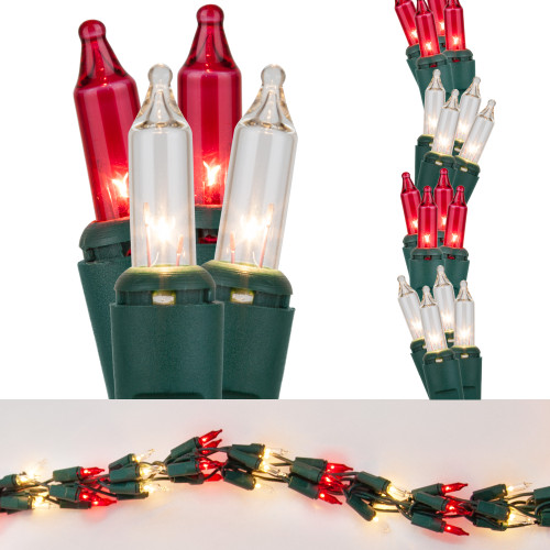WGC-79082 - 9' Mini Red/Clear Incandescent Garland Lights, 300 Lights, Green Wire - Wintergreen Corporation