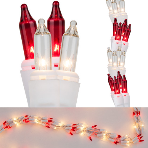 WGC-79084 - 18' Mini Red/Clear Incandescent Garland Lights, 600 Lights, White Wire - Wintergreen Corporation