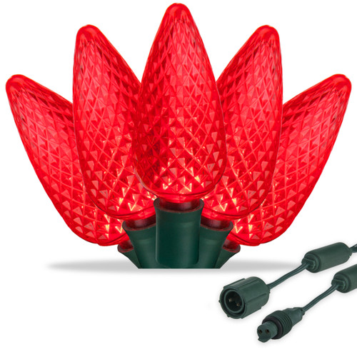 WGC-82782 - C9 Red LED Commercial Lights, 25 Lights, 25', Green Wire, 12" Spacing - Wintergreen Corporation