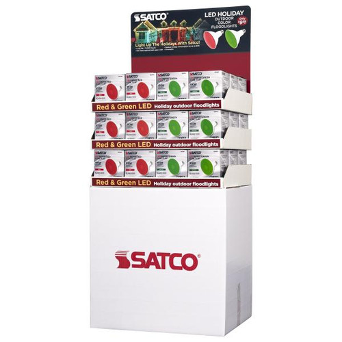 Satco D2111 18PC S29480 & 18PC S29481 Display Unit Containing 36 total pieces; 18 pieces of S29480 11.5 Watt PAR38 LED in Red; 18 pieces of S29481 11.5 Watt PAR38 LED in Green