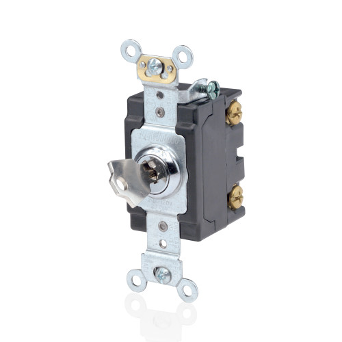 Leviton 1221-2KL 20 Amp, 120/277 Volt, Key Locking Single-Pole AC Quiet Switch, Extra Heavy Duty Spec Grade, Self Grounding, Back & Side Wired