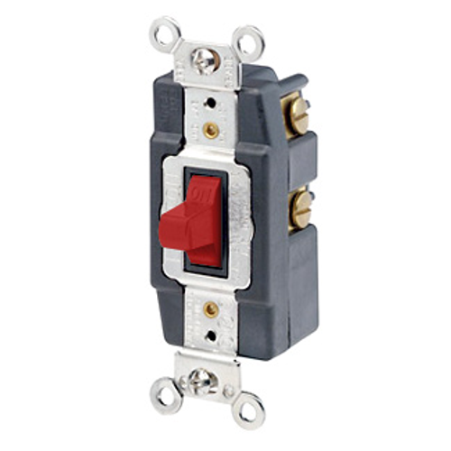 Leviton 1257-R 20 Amp, 120/277 Volt, Toggle Double-Throw Ctr-OFF Momentary Contact Single-Pole AC Quiet Switch, Industrial Grade, Grounding, Back & Side Wired - RED