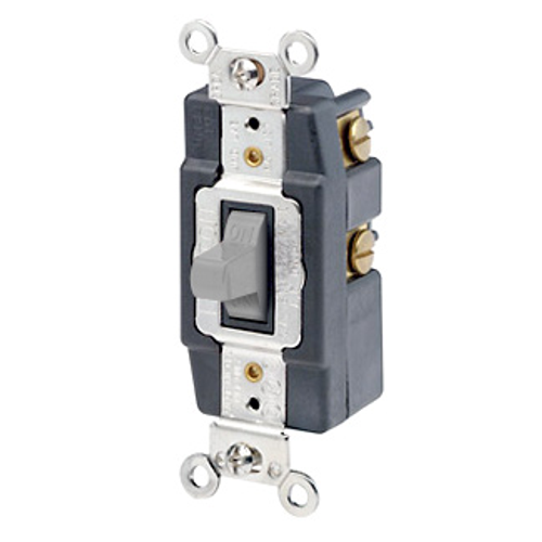 Leviton 1285-GY 20 Amp, 120/277 Volt, Toggle Double-Throw Ctr-OFF Maintained Contact Single-Pole AC Quiet Switch, Extra Heavy Duty Spec Grade, Grounding, Back & Side Wired, - Gray