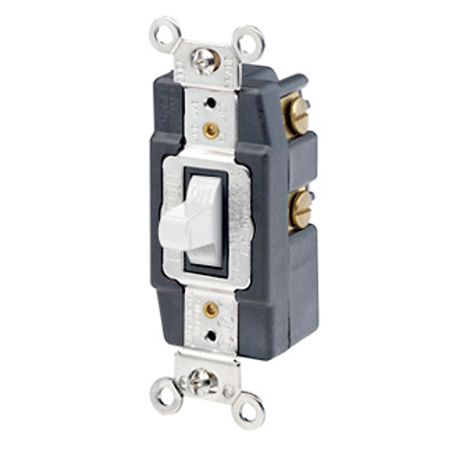 Leviton 1285-W 20 Amp, 120/277 Volt, Toggle Double-Throw Ctr-OFF Maintained Contact Single-Pole AC Quiet Switch, Extra Heavy Duty Spec Grade, Grounding, Back & Side Wired, - White